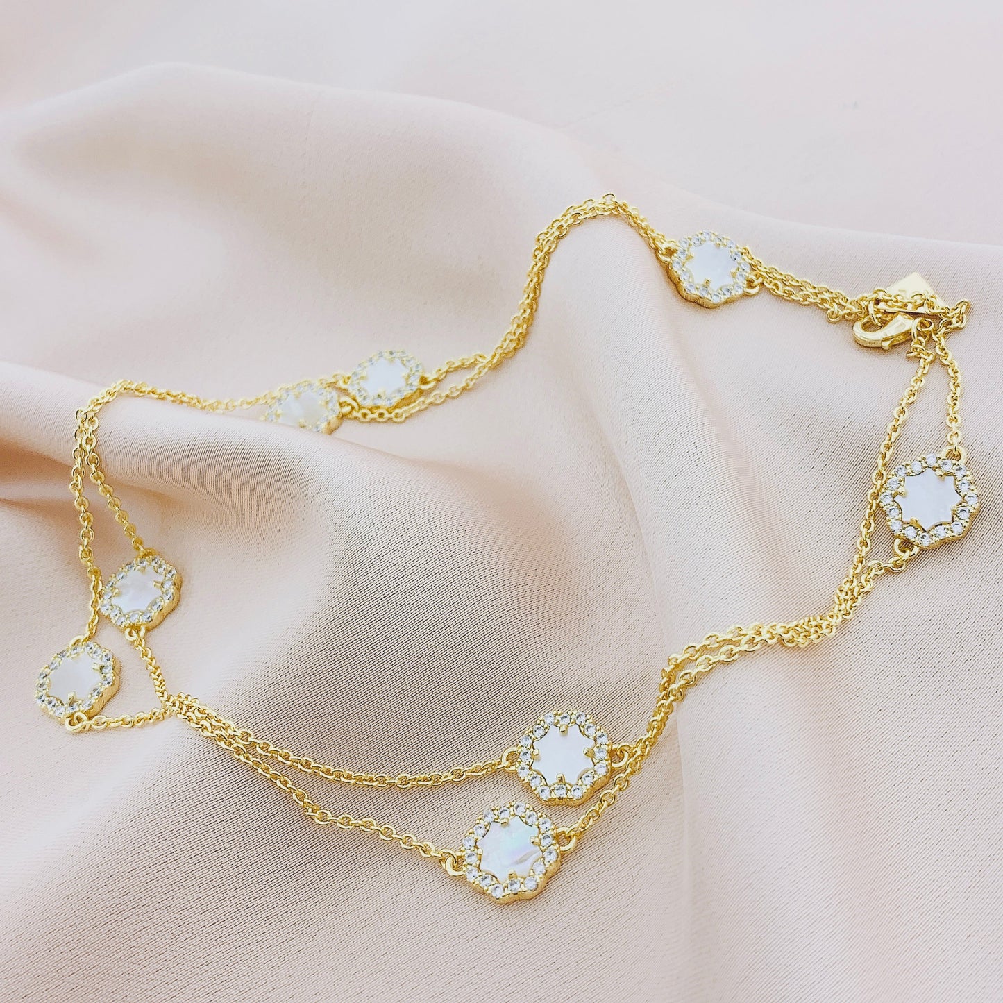 Women's Fashion CZ Shamrock Clover Long Necklace