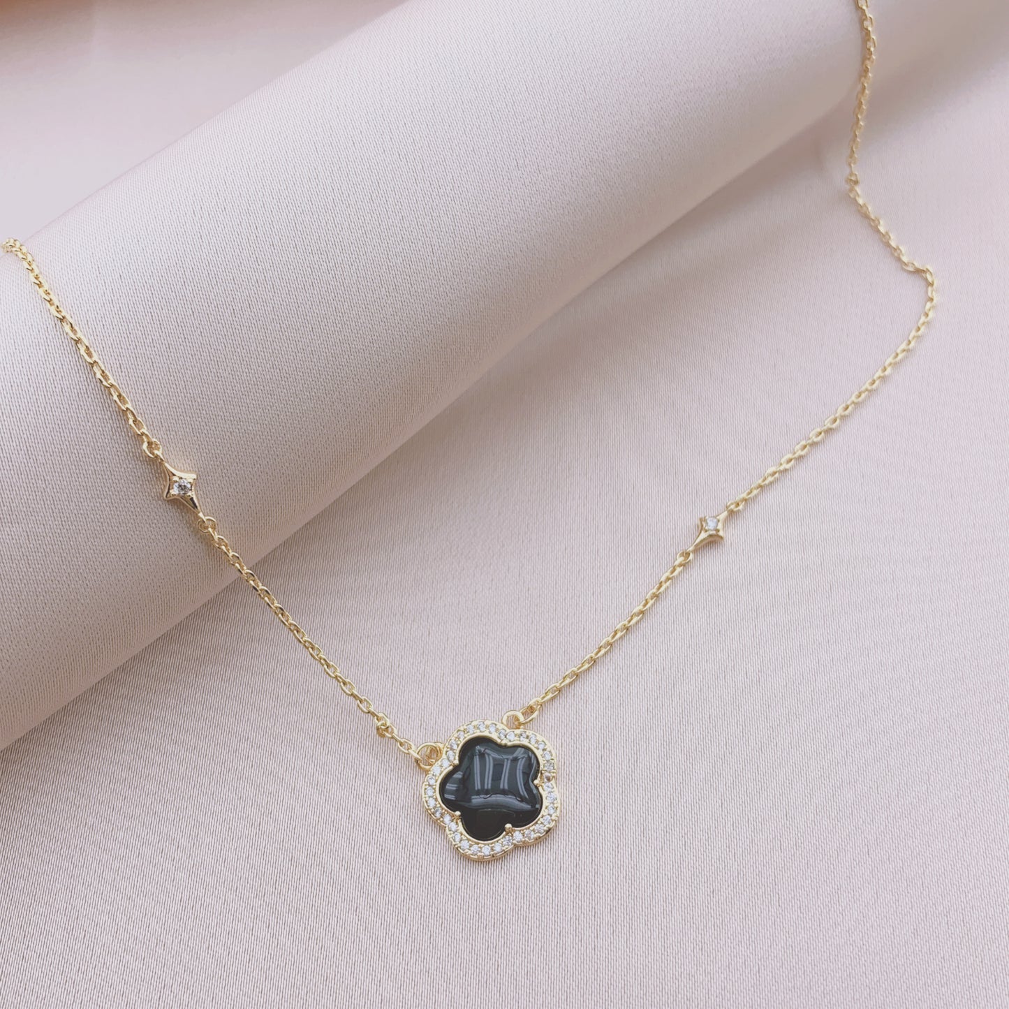 Women's Fashion CZ Clover Necklace with Onyx Stone