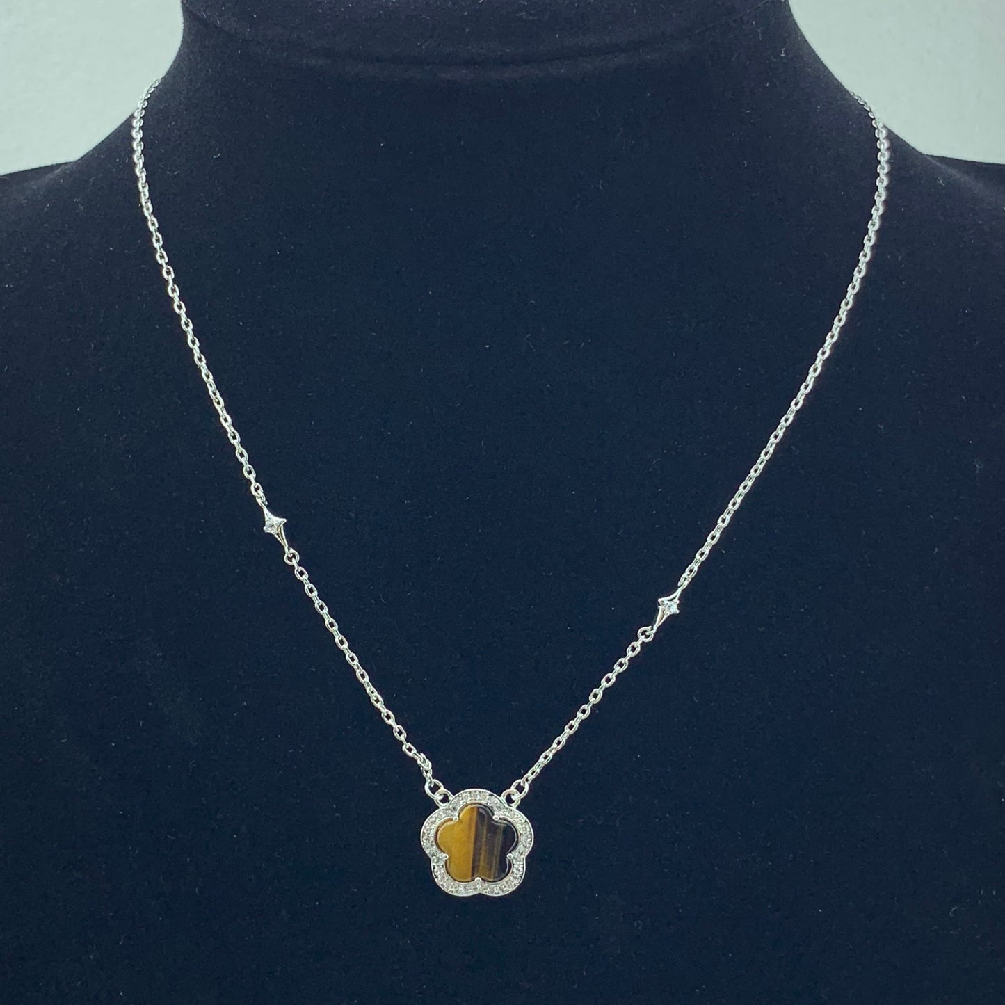 Women's Fashion CZ Clover Necklace with Tiger's Eye stone