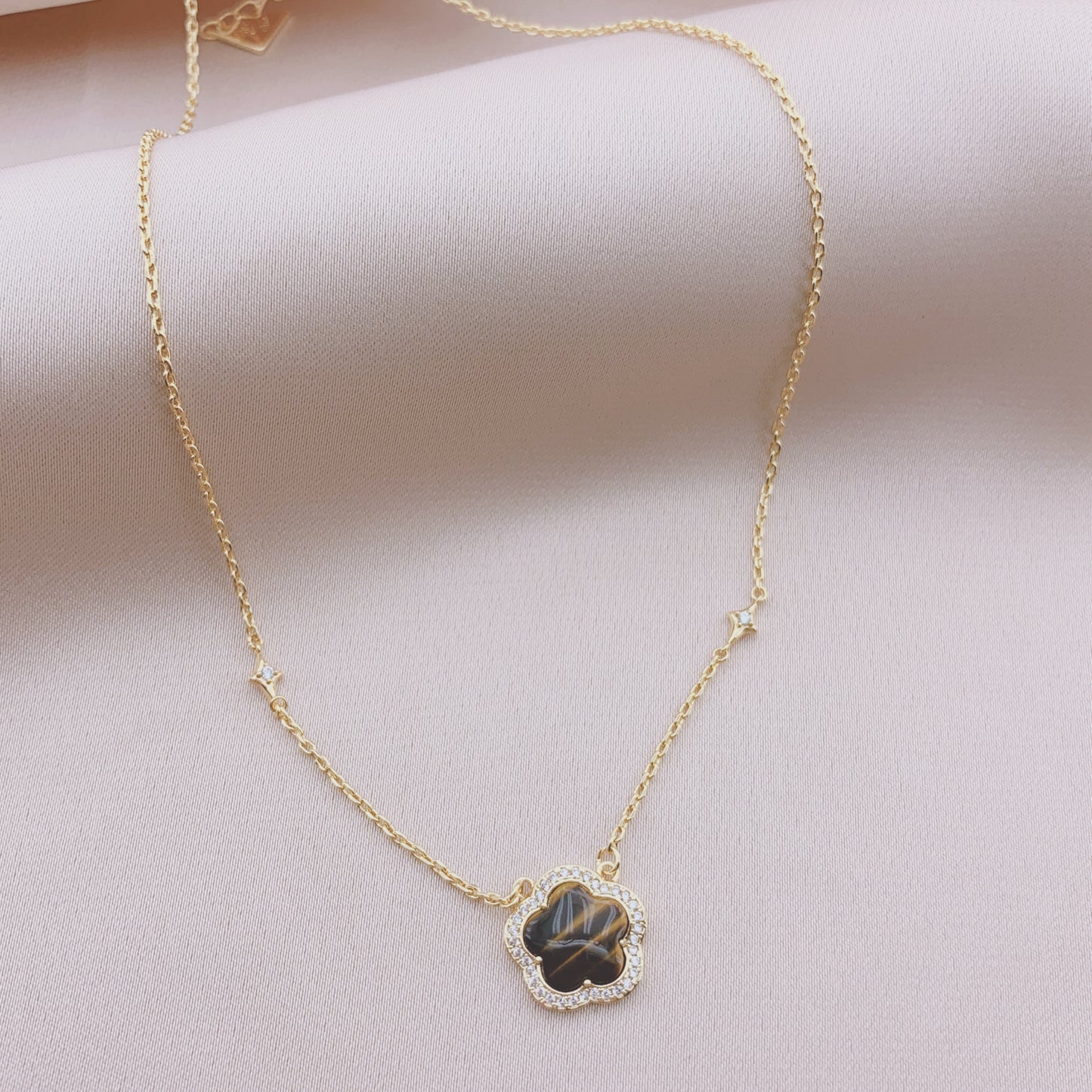 Women's Fashion CZ Clover Necklace with Tiger's Eye stone