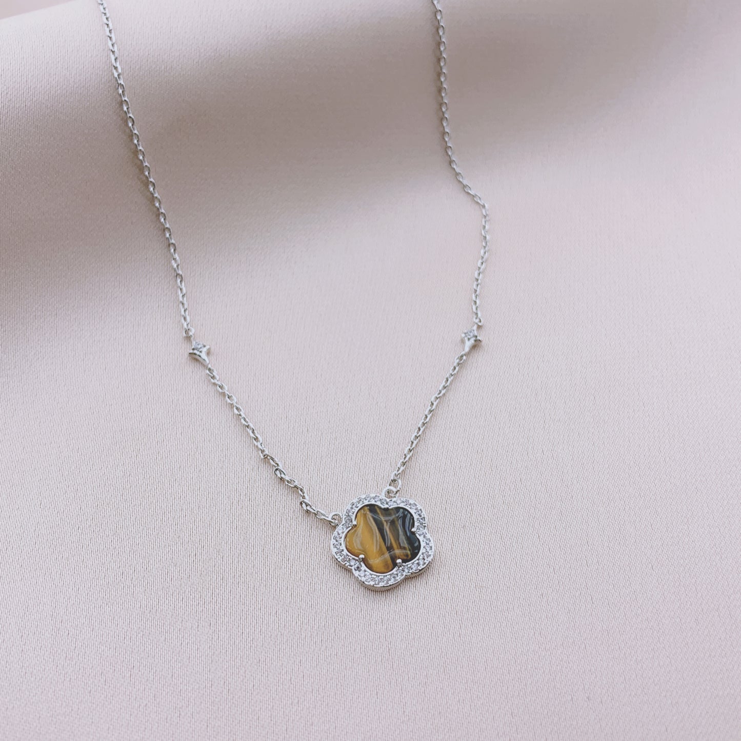 Women's Fashion CZ Clover Necklace with Tiger's Eye stone