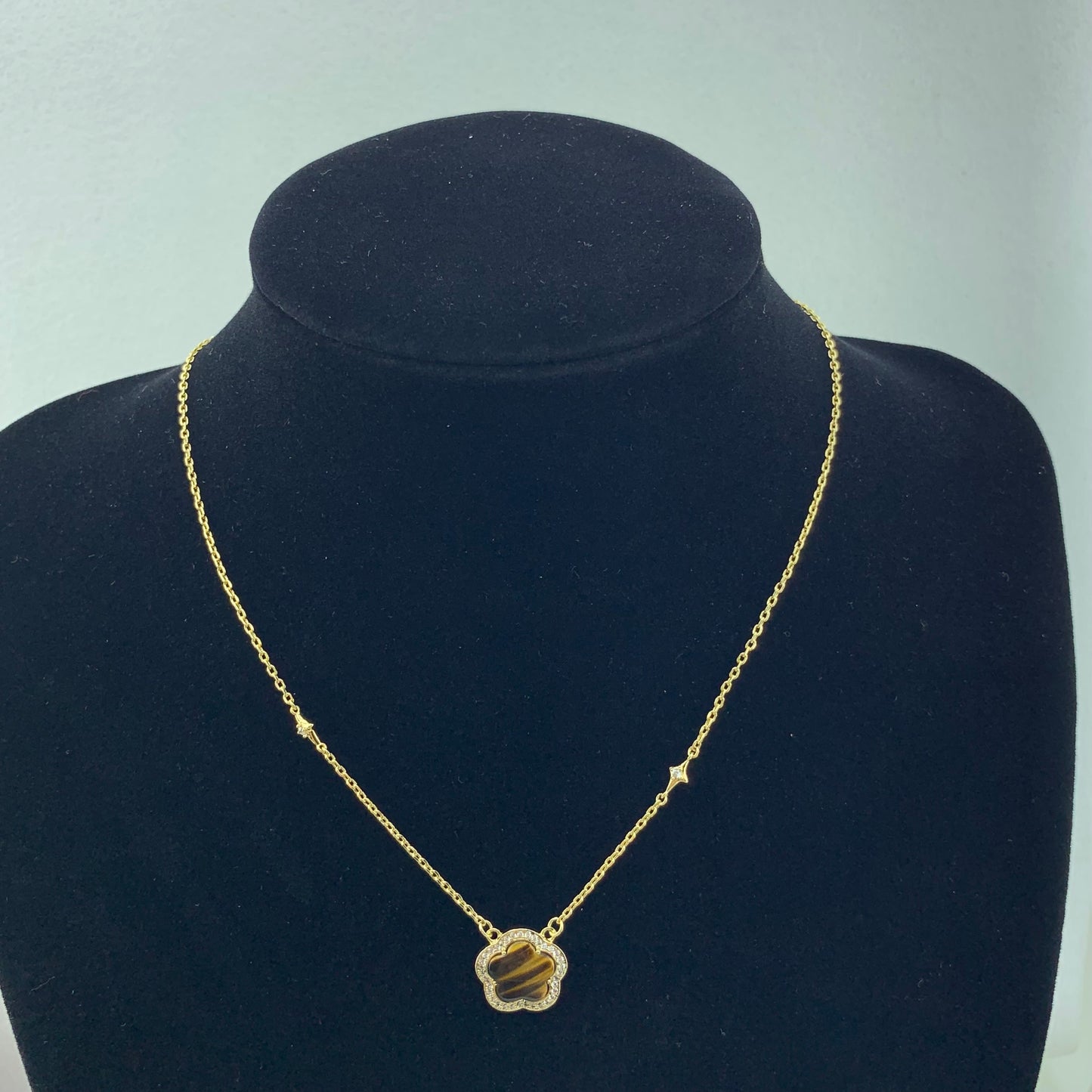 Women's Fashion CZ Clover Necklace with Tiger's Eye stone