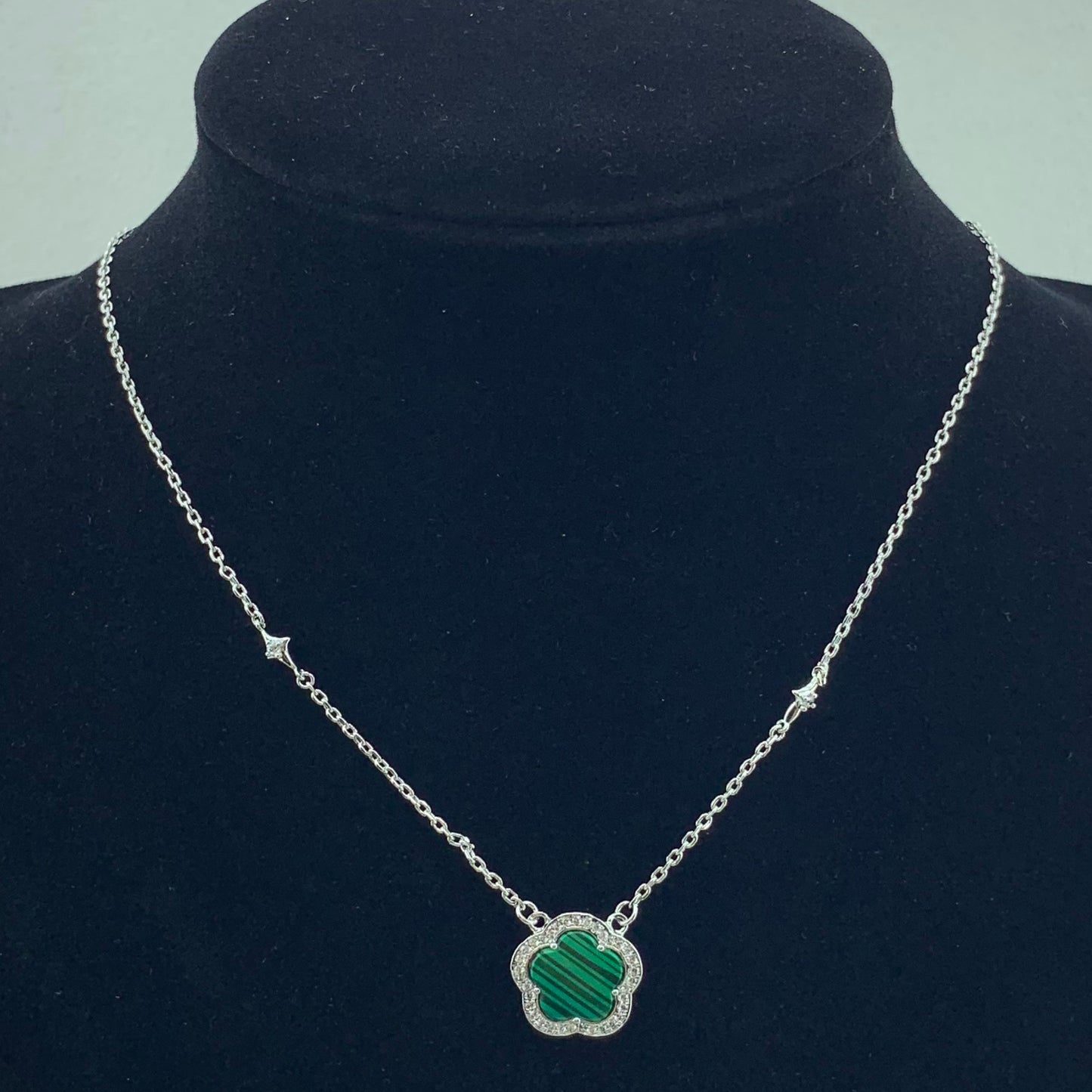 Women's Fashion CZ Clover Necklace with Malachite stone