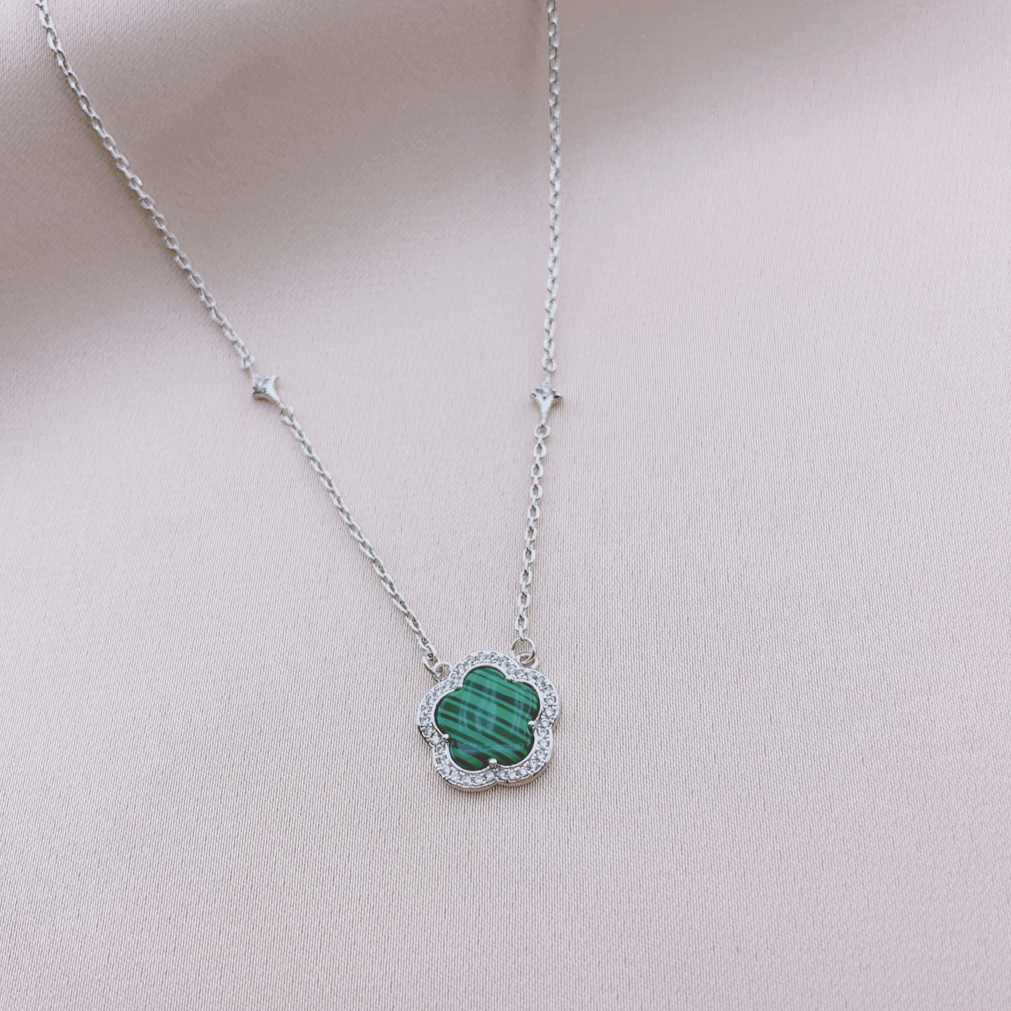 Women's Fashion CZ Clover Necklace with Malachite stone