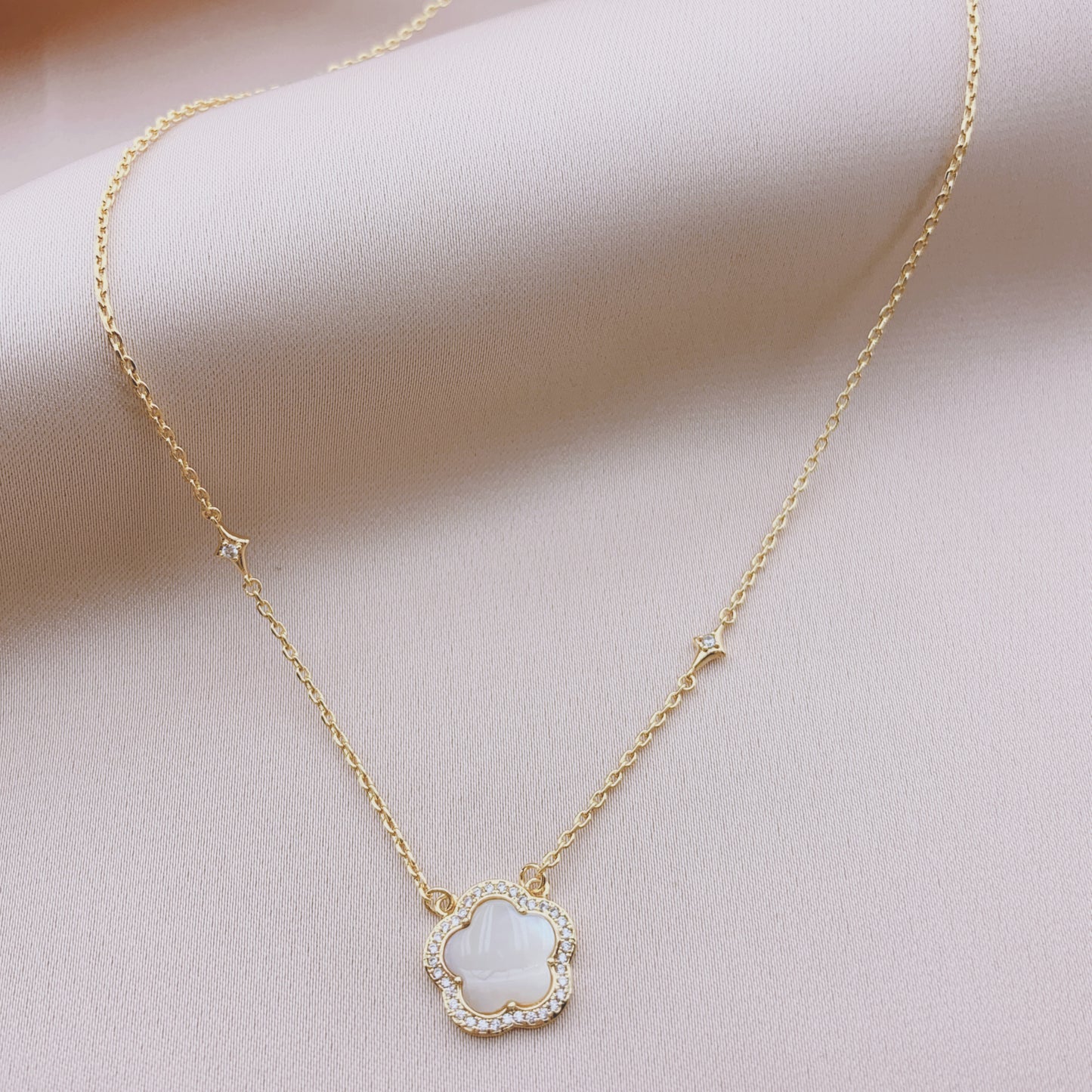 Women's Fashion CZ Clover Necklace with Moon Stone