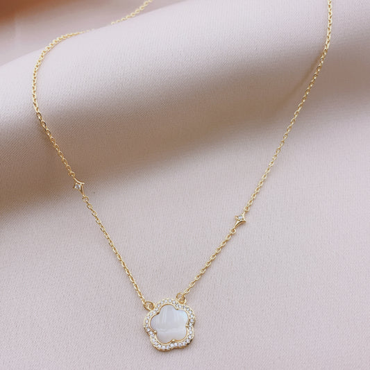 Women's Fashion CZ Clover Necklace with MOP Stone