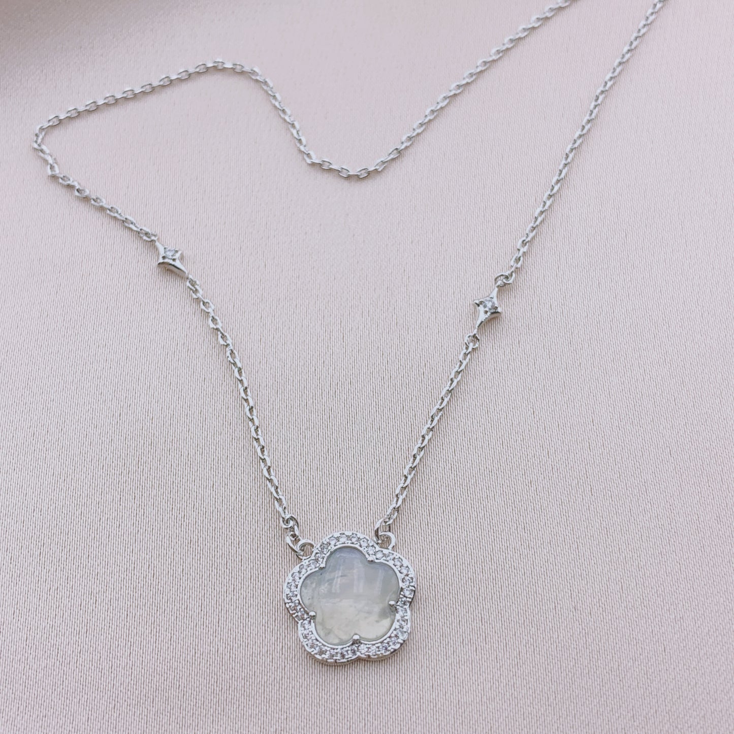 Women's Fashion CZ Clover Necklace with Moon Stone