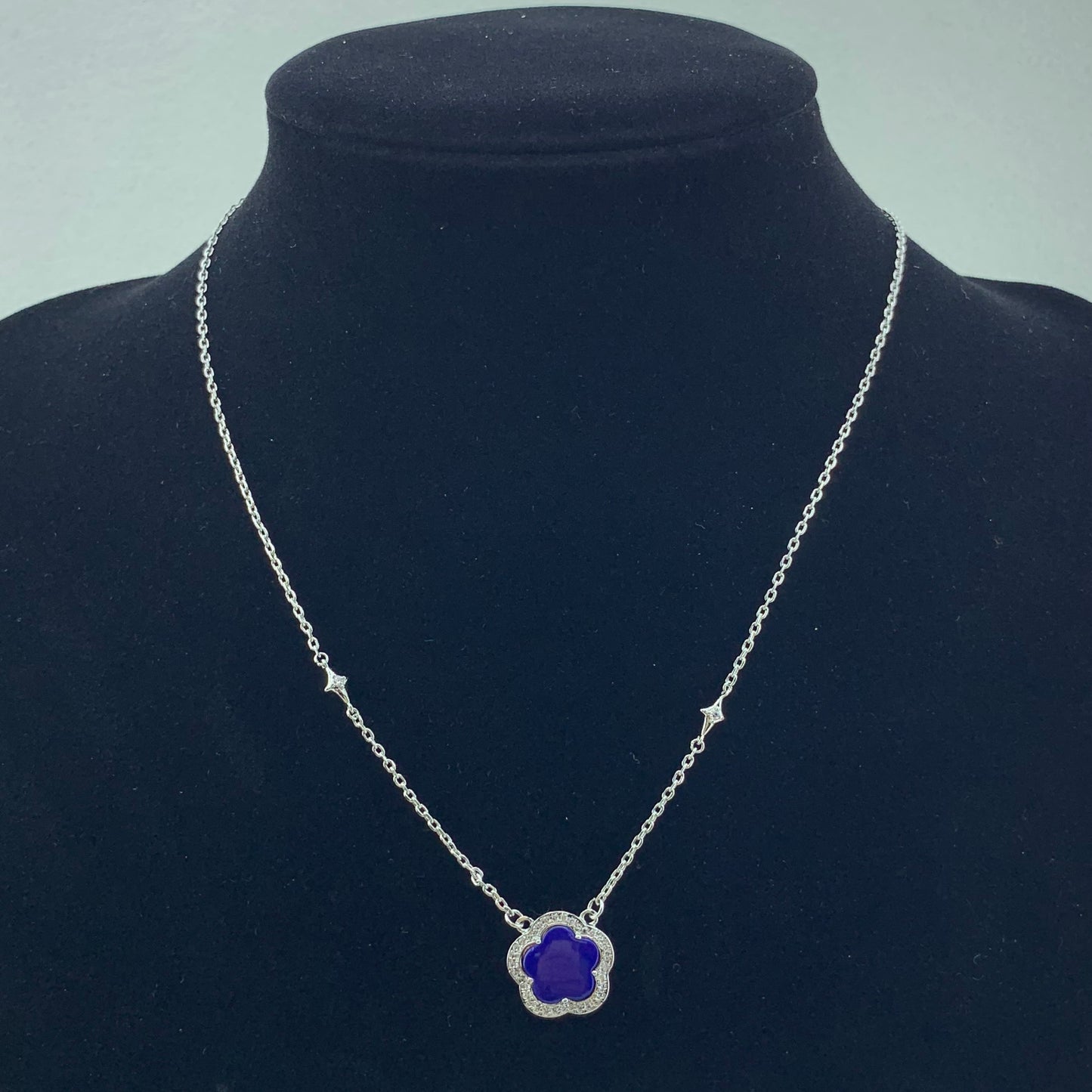 Women's Fashion CZ Clover Necklace with Lapis Stone