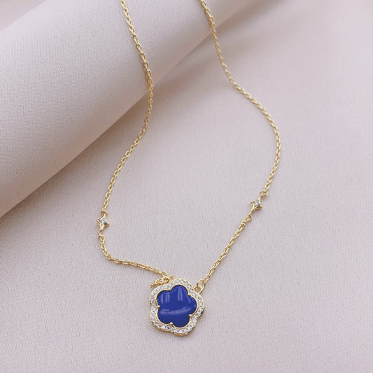 Women's Fashion CZ Clover Necklace with Lapis Stone