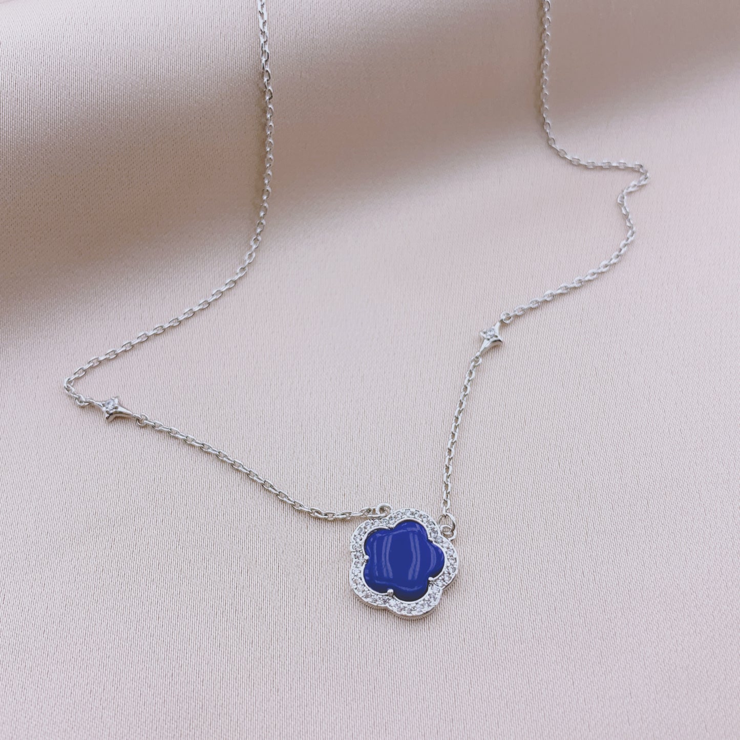 Women's Fashion CZ Clover Necklace with Lapis Stone