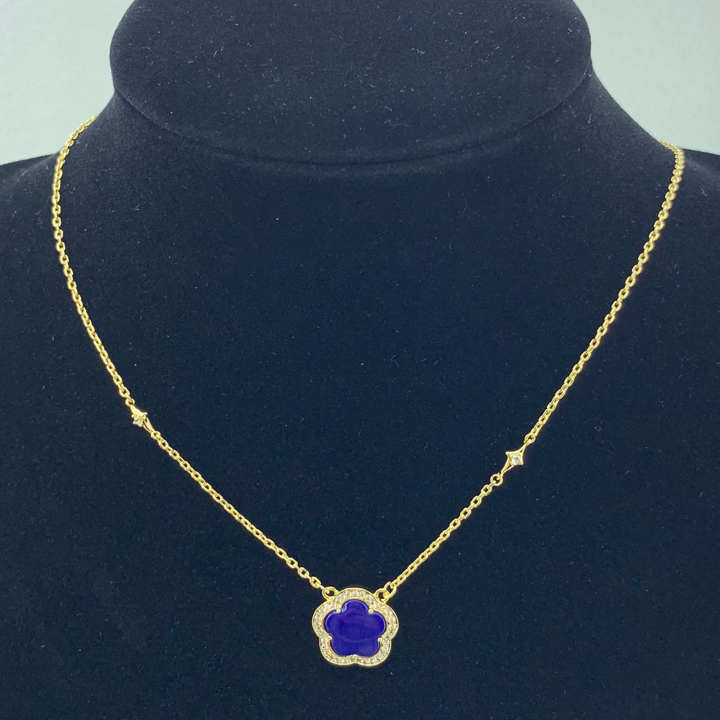 Women's Fashion CZ Clover Necklace with Lapis Stone