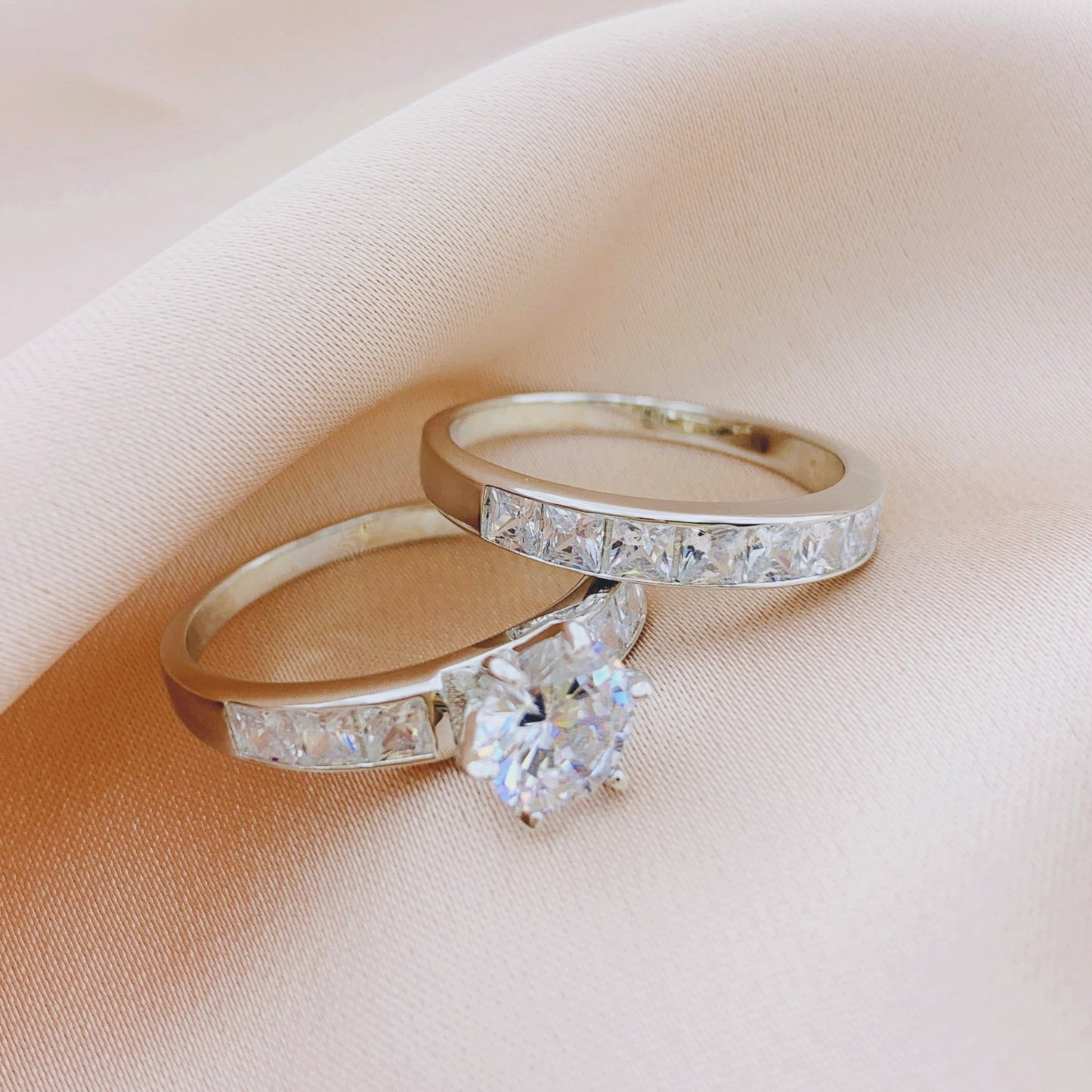 925 Silver CZ Engagement Wedding Bridal Ring Sets 2pcs