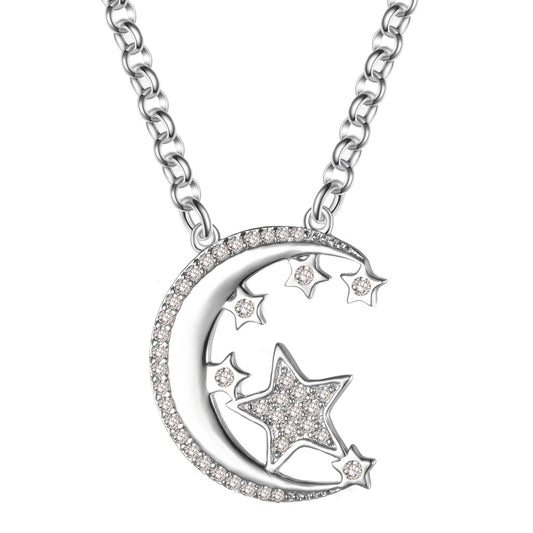 Women's Fashion Crescent Stars CZ Pendant Necklace