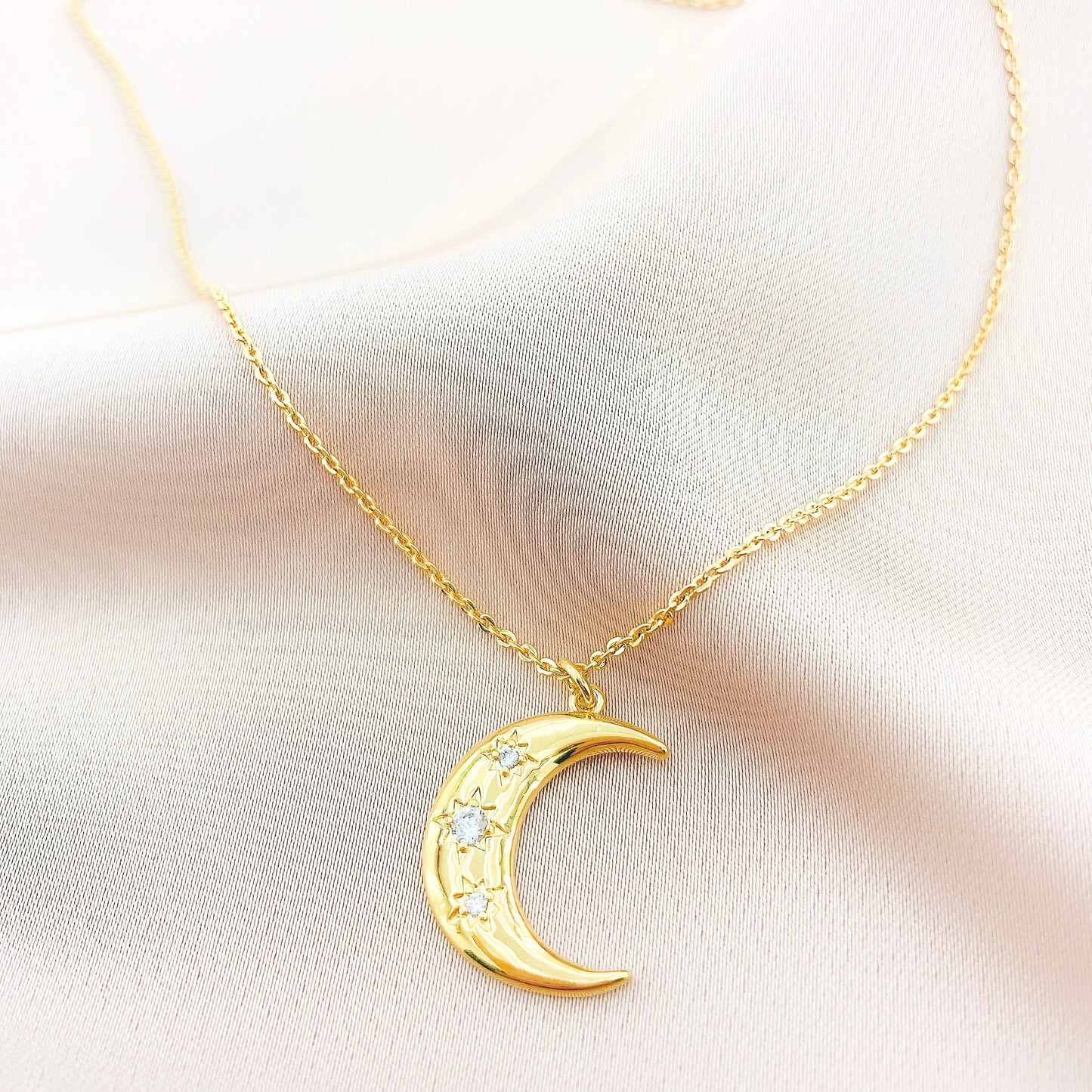 Women's CZ Crescent Moon Starburst Necklace