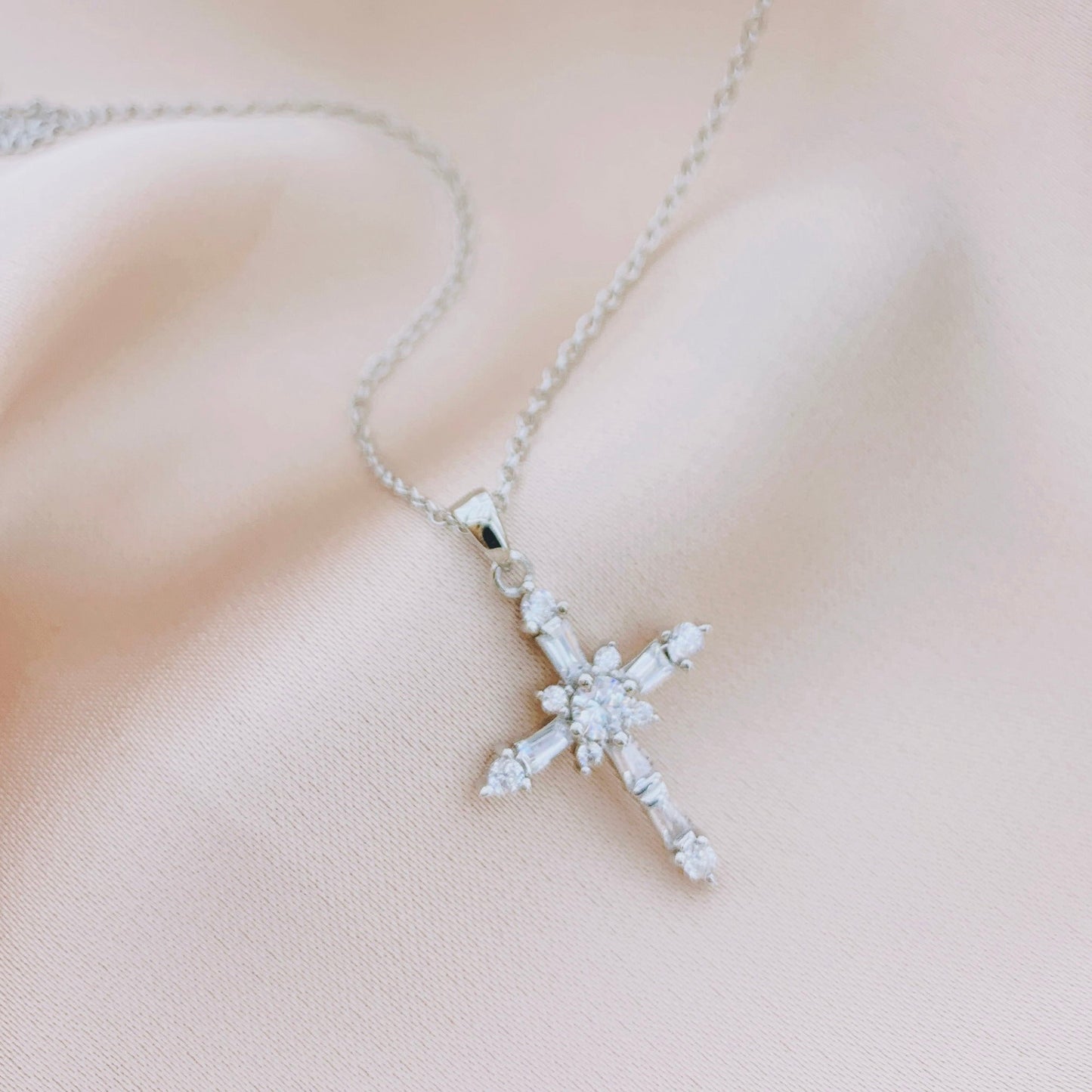 925 Silver CZ Pendant Cross Necklace