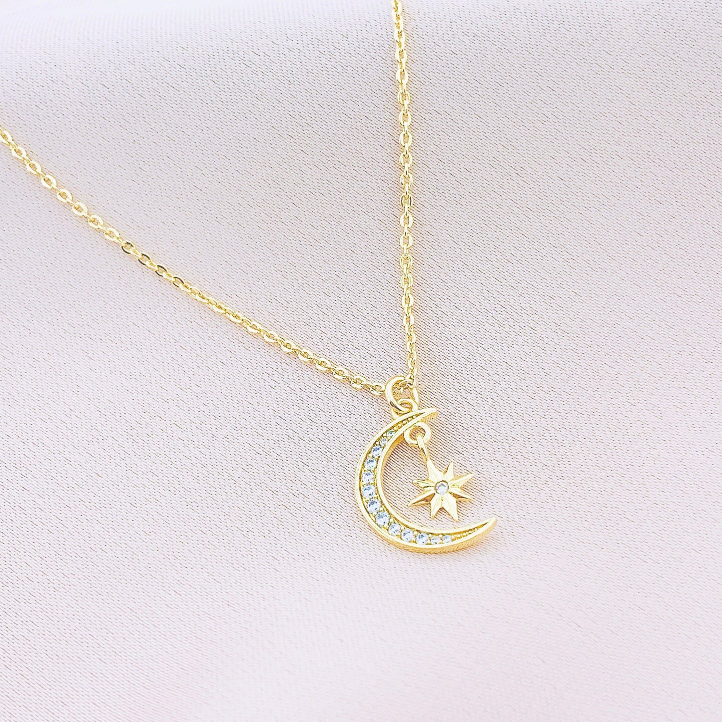 Women's Fashion CZ Crescent Moon Starburst Pendant Necklace