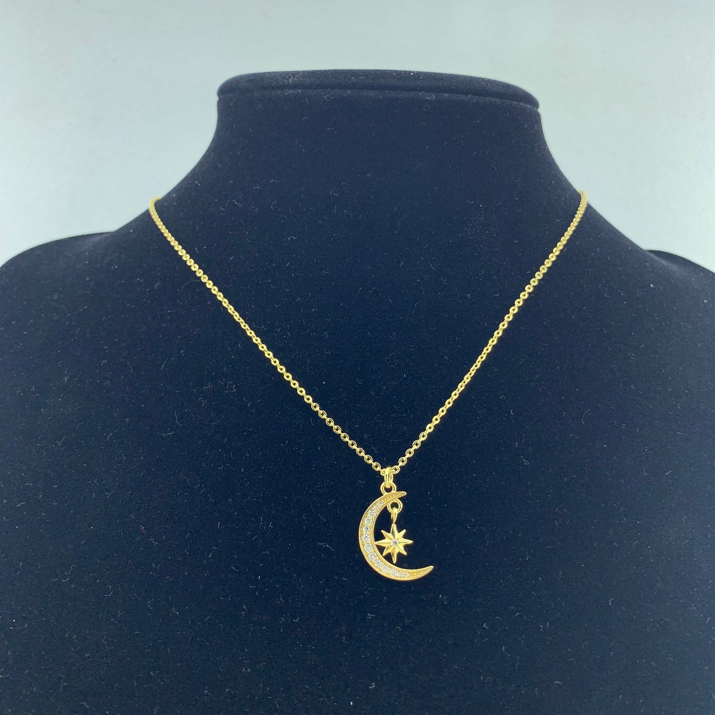 Women's Fashion CZ Crescent Moon Starburst Pendant Necklace